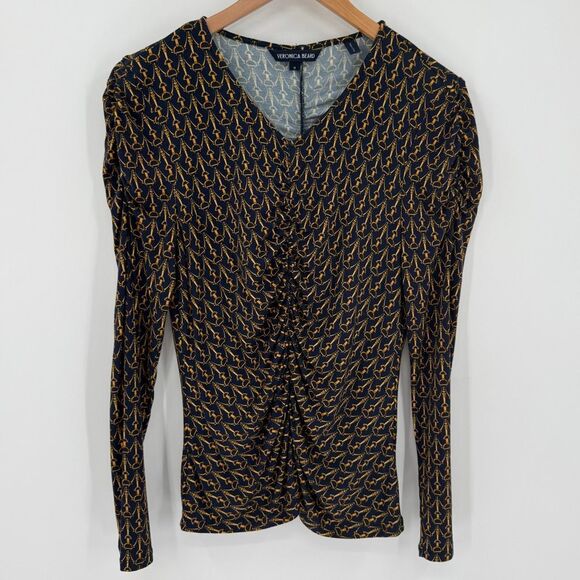 Veronica Beard Neeta Ruched Long Sleeve Top Navy Gold Fitted Women Medium - Picture 1 of 9